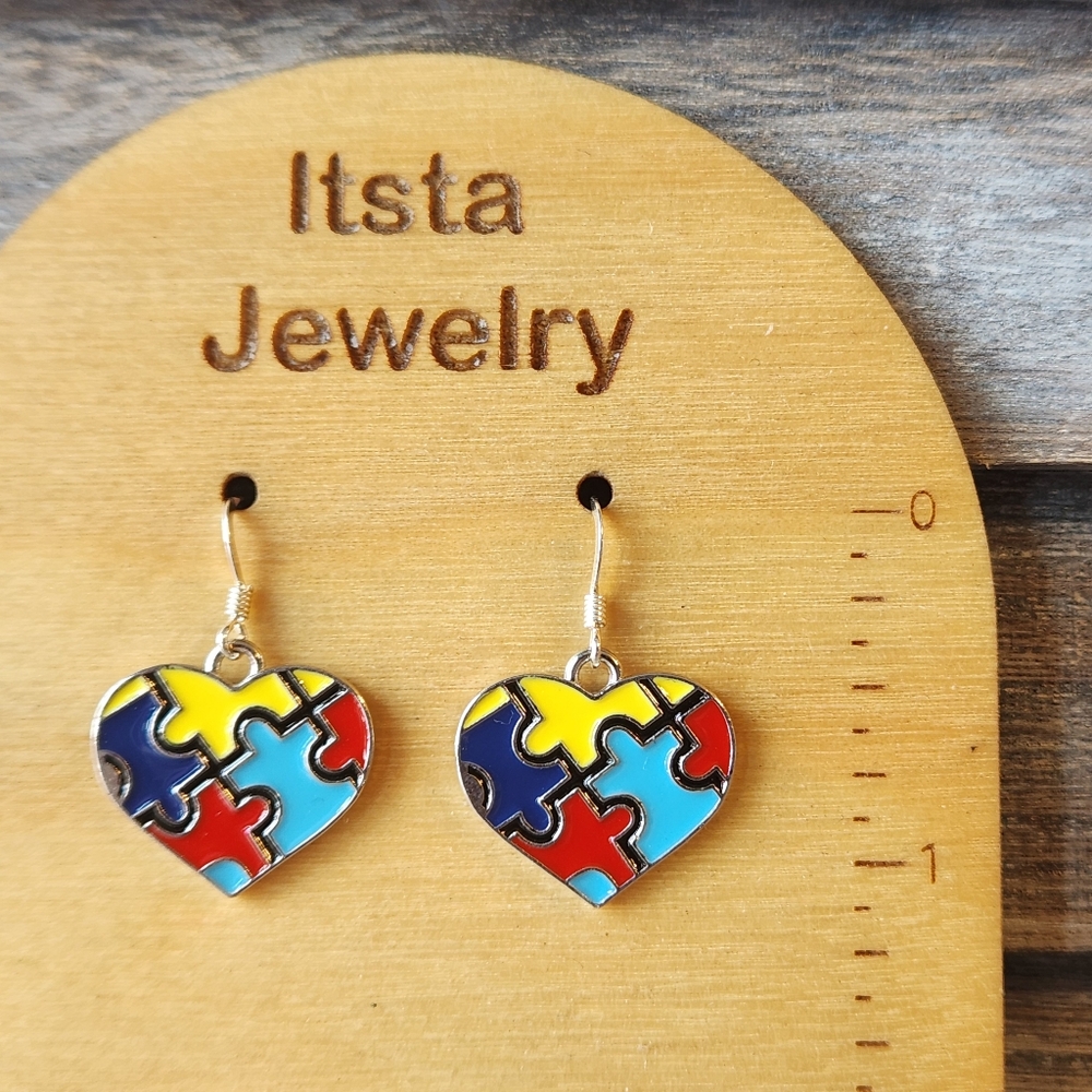 Autism Awareness Heart Colorful Charm Earrings Sterling Silver French Earwires